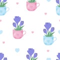 Floral seamless pattern. Spring bouquet of flowers saffron in cups on white background. Vector illustration. Delicate Royalty Free Stock Photo