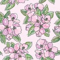 Floral seamless pattern. Spring flower bouquet watercolor background. Apple tree flourish tiling border for spring card design.