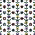 Floral seamless pattern stylish colorful blooming background. Cute multicolor buds on stems with green leaves on white backdrop.