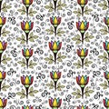Floral seamless pattern, stylish colorful blooming background. Cute multicolor flower buds on stems with green leaves on white