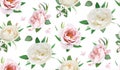 Floral seamless pattern, textile fabric, background. Beautiful ivory white rose flower, pink peony, green eucalyptus leaves Royalty Free Stock Photo