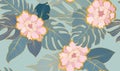 Floral seamless pattern with tropical leaves and flowers. Artistic drawn floral background in style of oriental chinese embroidery Royalty Free Stock Photo