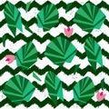 Floral seamless pattern with tropical leaves and lotus flowers on trendy zigzag background. Vector drawing for textile design