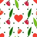 Floral seamless pattern with tulips and hearts on the white background with green circles Royalty Free Stock Photo