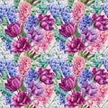 Floral seamless pattern of tulips, hyacinths, eucalyptus on an isolated background, watercolor flowers.