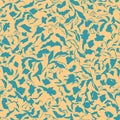 Floral seamless pattern. Turquoise leaves, flowers, tulips, irises, plants on yellow background. Royalty Free Stock Photo