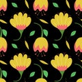 Floral seamless pattern. Vector flowers. Doodle background. Green leaves Royalty Free Stock Photo