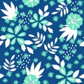 Floral seamless pattern. Vector textures. Simple mint flowers and white leaves on a classic blue background. Three colors Royalty Free Stock Photo