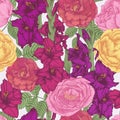 Floral seamless pattern with violet and purple gladiolus flowers, crimson and yellow roses Royalty Free Stock Photo