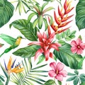 Floral seamless pattern, wallpaper tropical palm leaves, hummingbird, paradise flowers, watercolor botanical background Royalty Free Stock Photo