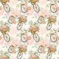Floral seamless pattern with watercolor bicycle and pink flowers in basket. Romantic botanical print in vintage retro style