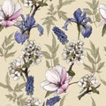 Floral seamless pattern with watercolor irises, magnolia, cherry blossom and muscari.