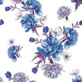 Floral seamless pattern with watercolor blue peonies and white anemones on white