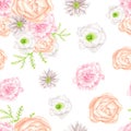 Floral seamless pattern with watercolor flowers. Hand painted little flowers and bouquet in neutral colors isolated on