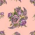 Floral seamless pattern. Watercolor flowers. Roses, peonies, lilacs. Ancient bouquets of flowers. Wedding bouquet. Pastel color. Royalty Free Stock Photo