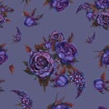 Floral seamless pattern. Watercolor flowers. Roses, peonies, lilacs. Vintage purple blue flower bouquets. Wedding bouquet. Pastel Royalty Free Stock Photo