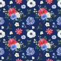 Floral seamless pattern. Watercolor hand-painted red, white, and navy blue flowers. Botanical print Royalty Free Stock Photo
