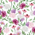 Floral seamless pattern with watercolor hand painted wildflower, rose, anemone, dandelion, green foliage, leaves and branches