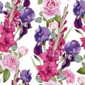 Floral seamless pattern with watercolor iris, gladiolus, roses