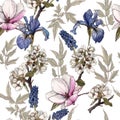 Floral seamless pattern with watercolor irises, magnolia, cherry blossom and muscari.