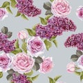 Floral seamless pattern with watercolor lilac and roses