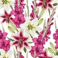 Floral seamless pattern with watercolor lilies and gladiolus flowers