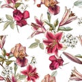 Floral seamless pattern with watercolor lilies, irises, rose and white apple blossom Royalty Free Stock Photo