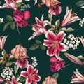 Floral seamless pattern with watercolor lilies, irises, rose and white apple blossom Royalty Free Stock Photo