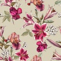 Floral seamless pattern with watercolor lilies, irises, rose and white apple blossom Royalty Free Stock Photo