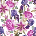 Floral seamless pattern with watercolor lilies, purple roses and violet iris
