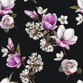 Floral seamless pattern with watercolor magnolia, peonies, anemones and cherry blossom