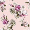 Floral seamless pattern with watercolor magnolia, peonies, anemones and cherry blossom