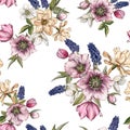 Floral seamless pattern with watercolor narcissus, muscari and hellebore