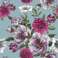 Floral seamless pattern with watercolor peonies, datura flower, dahlias and tulips