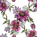 Floral seamless pattern with watercolor peonies, jasmine and tulips