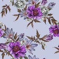 Floral seamless pattern with watercolor peonies, jasmine, tulips and rose