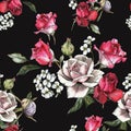 Floral seamless pattern with watercolor pink and red roses and jasmine