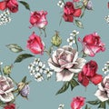 Floral seamless pattern with watercolor pink and red roses and jasmine