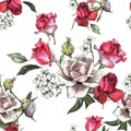 Floral seamless pattern with watercolor pink and red roses and jasmine