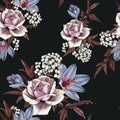 Floral seamless pattern with watercolor pink roses, crocuses and jasmine