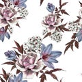 Floral seamless pattern with watercolor pink roses, crocuses and jasmine