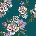 Floral seamless pattern with watercolor pink roses, crocuses and jasmine