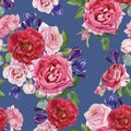 Floral seamless pattern with watercolor red and pink roses and crocuses