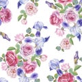 Floral seamless pattern with watercolor roses and irises