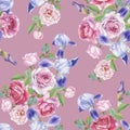 Floral seamless pattern with watercolor roses and irises