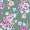 Floral seamless pattern with watercolor roses and irises Royalty Free Stock Photo