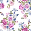 Floral seamless pattern with watercolor roses and irises. Royalty Free Stock Photo