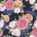 Floral seamless pattern with watercolor roses and peonies Royalty Free Stock Photo