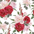 Floral seamless pattern with watercolor roses, white peonies and gladiolus flowers Royalty Free Stock Photo