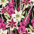 Floral seamless pattern with watercolor white lilies and pink gladiolus flowers